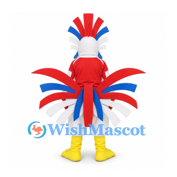 Rooster Mascot Costume with Red, White and Blue Tail Feathers