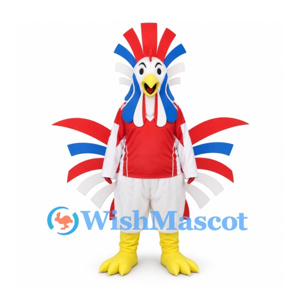 Rooster Mascot Costume with Red, White and Blue Tail Feathers