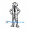 Silver Robot Mascot Costume with Round Head and Black Tie