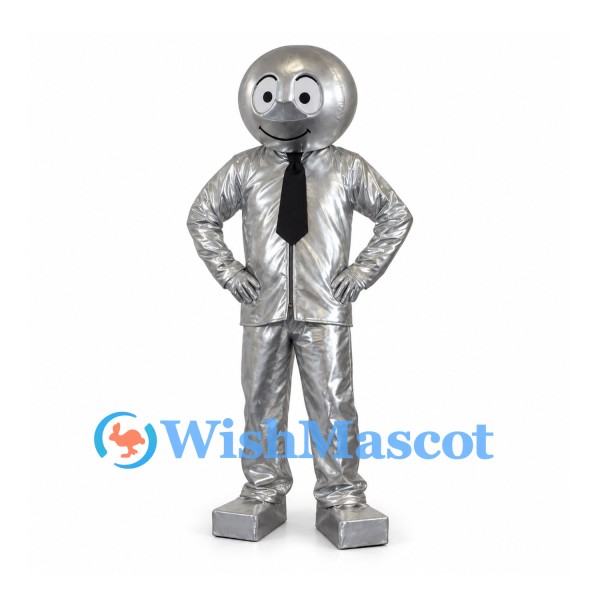 Silver Robot Mascot Costume with Round Head and Black Tie