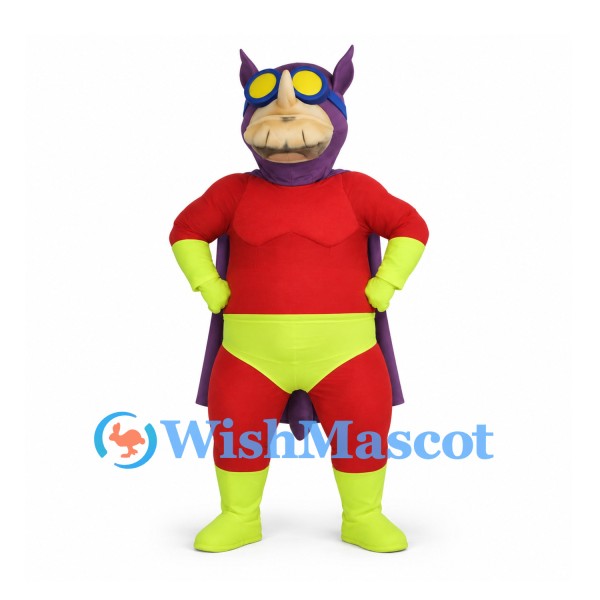 Superhero Mascot Costume with Purple Mask and Red Suit