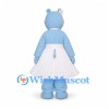 Blue Hippo Mascot Costume with White Dress and Flower Crown