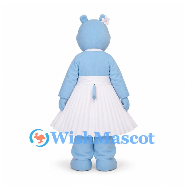Blue Hippo Mascot Costume with White Dress and Flower Crown