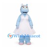 Blue Hippo Mascot Costume with White Dress and Flower Crown