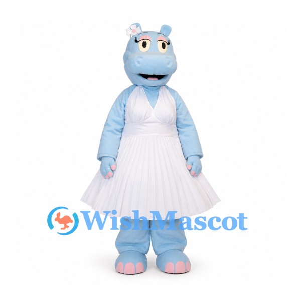 Blue Hippo Mascot Costume with White Dress and Flower Crown