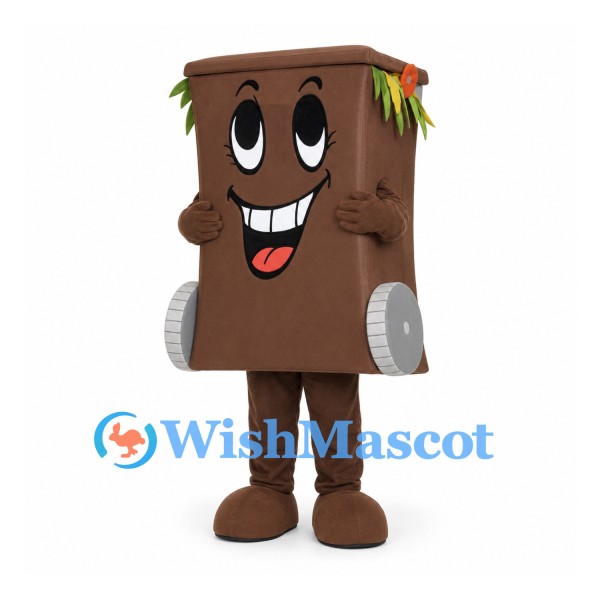 Brown Wheelie Bin Mascot Costume with Green Leaf Details