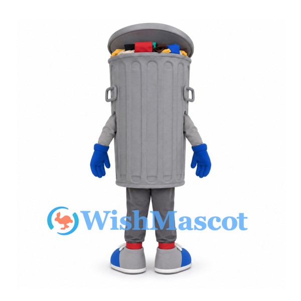 Gray Trash Can Mascot Costume with Open Lid and Blue Gloves