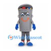 Gray Trash Can Mascot Costume with Open Lid and Blue Gloves