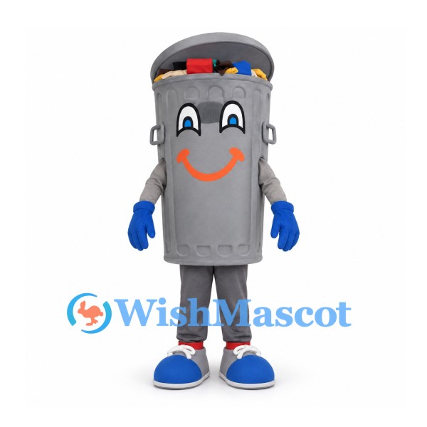 Gray Trash Can Mascot Costume with Open Lid and Blue Gloves