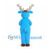 Blue Reindeer Mascot Costume with Gray Antlers and Beige Belly