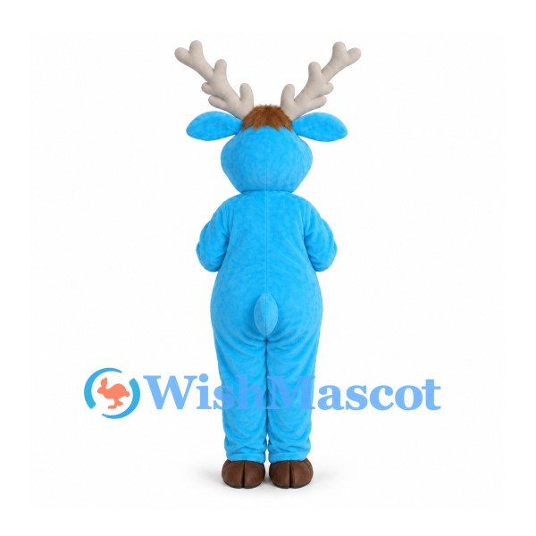 Blue Reindeer Mascot Costume with Gray Antlers and Beige Belly