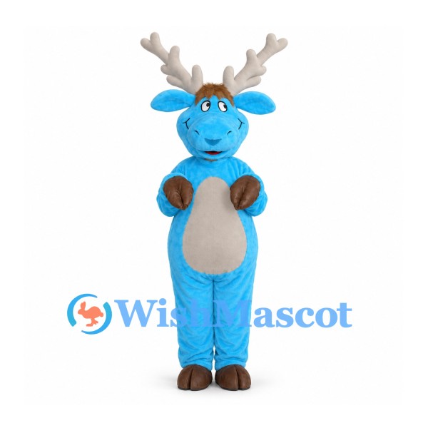 Blue Reindeer Mascot Costume with Gray Antlers and Beige Belly