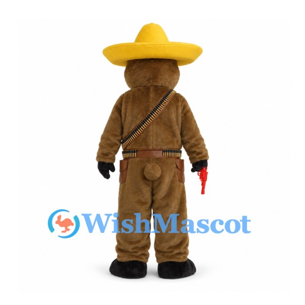 Bear Mascot Costume with Yellow Sheriff Hat and Brown Outfit