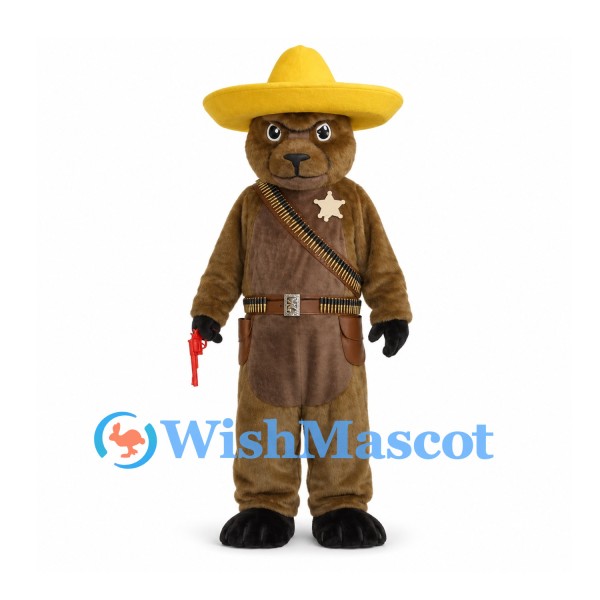 Bear Mascot Costume with Yellow Sheriff Hat and Brown Outfit