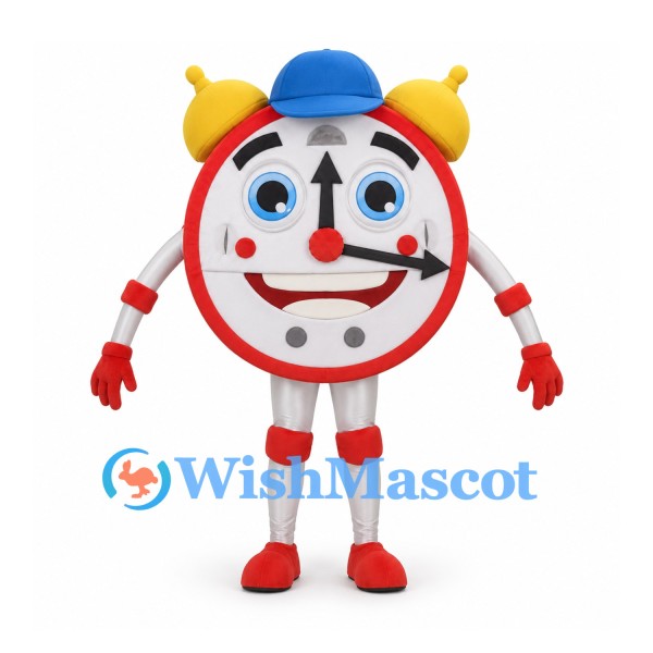 Alarm Clock Mascot Costume in Red and White with Yellow Bells