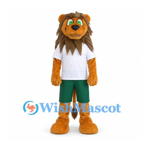 Lion Mascot Costume with White Shirt and Green Shorts