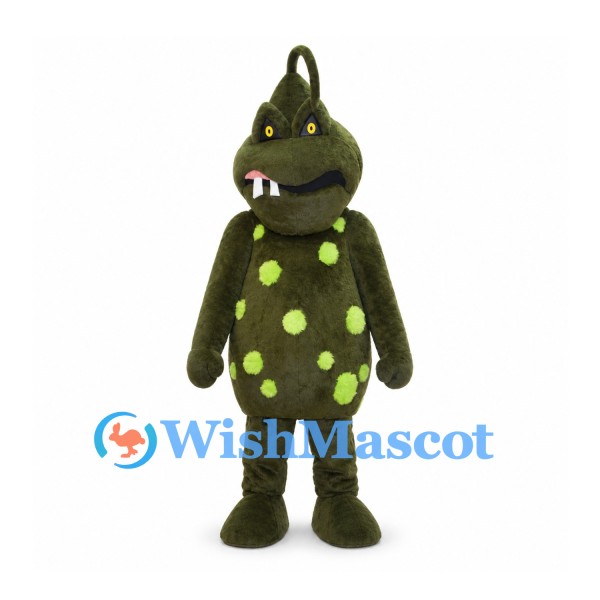 Green Monster Mascot Costume with Lime Spots and Two Fangs
