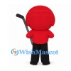 Hockey Puck Mascot Costume with Red Helmet and Hockey Sticks
