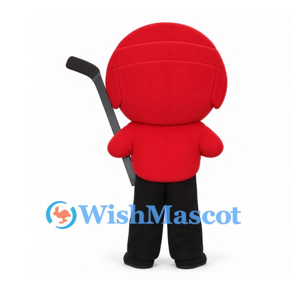 Hockey Puck Mascot Costume with Red Helmet and Hockey Sticks
