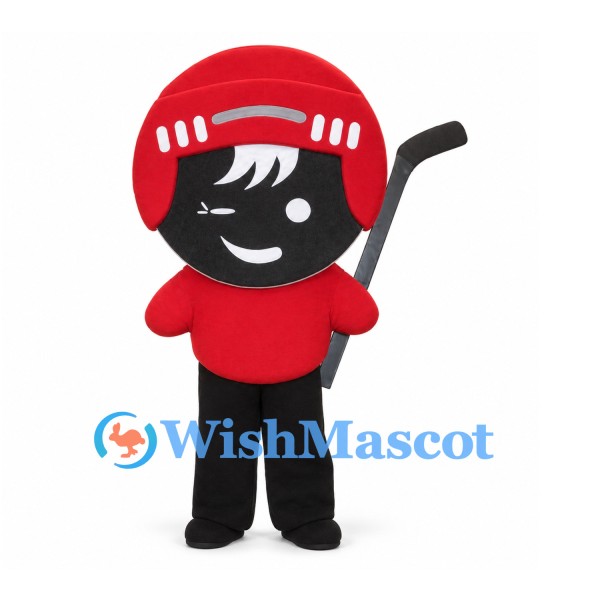 Hockey Puck Mascot Costume with Red Helmet and Hockey Sticks