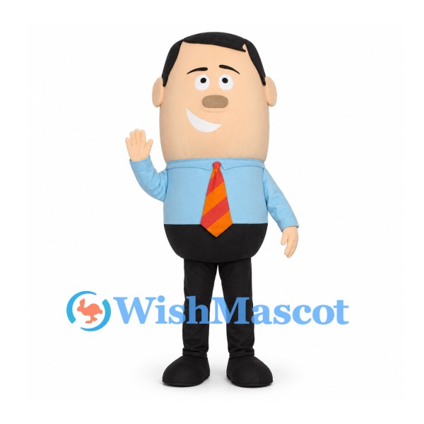 Businessman Mascot Costume with Blue Shirt and Orange Tie