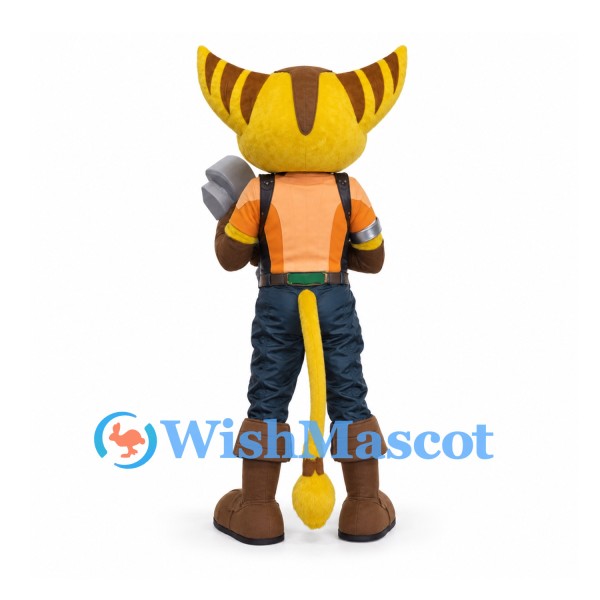 Yellow Alien Mascot Costume with Striped Ears and Orange Shirt