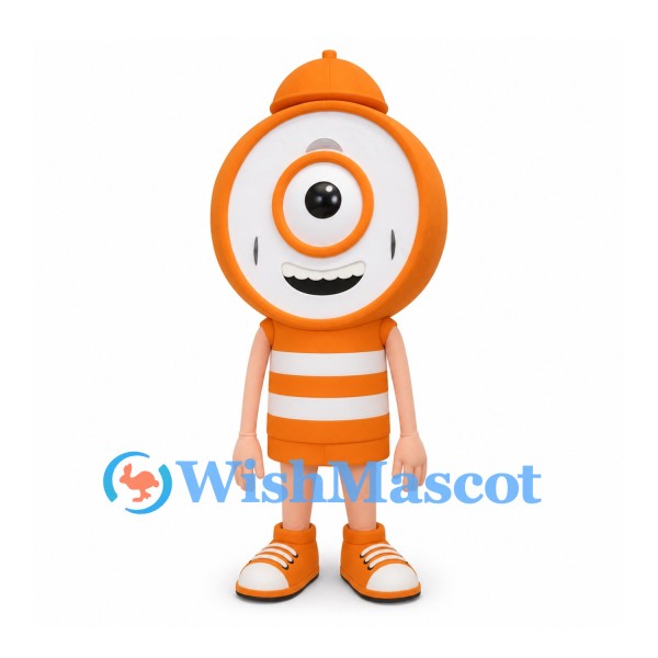 One-Eyed Orange Mascot Costume with Striped Outfit and Cap