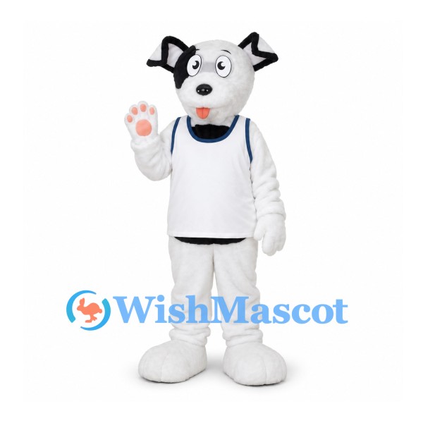White Dog Mascot Costume with Black Ears and Sports Shirt