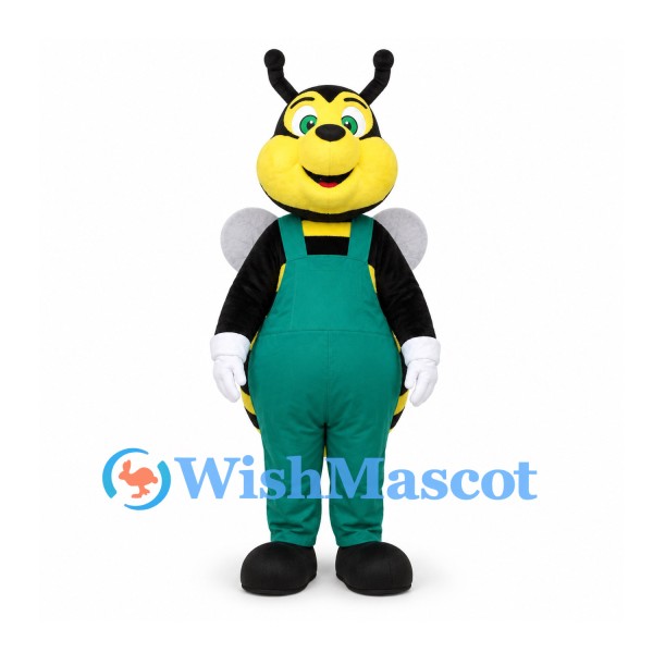 Bee Mascot Costume with Green Overalls and Silver Wings