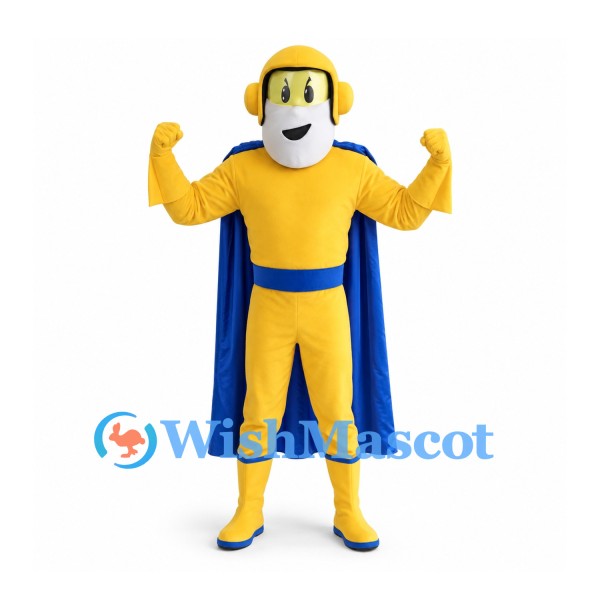 Superhero Mascot Costume in Yellow with Blue Cape