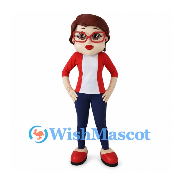 Woman Mascot Costume with Red Jacket and Glasses