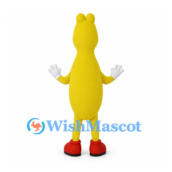 Alien Mascot Costume in Yellow with Tall Eyes and Red Shoes