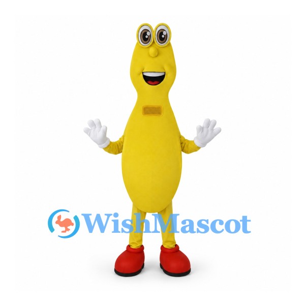 Alien Mascot Costume in Yellow with Tall Eyes and Red Shoes