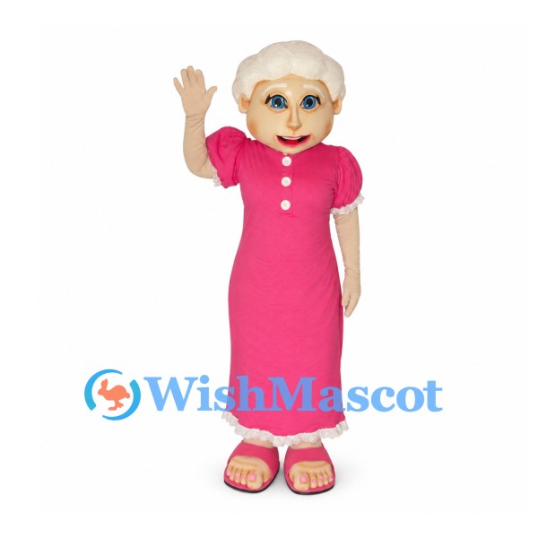 Grandmother Mascot Costume with Pink Dress and White Hair