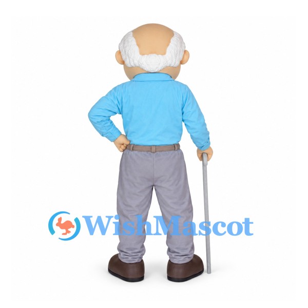 Grandfather Mascot Costume with Blue Shirt and Gray Pants