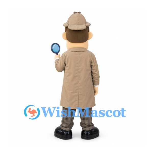 Detective Mascot Costume with Beige Coat and Checkered Pants