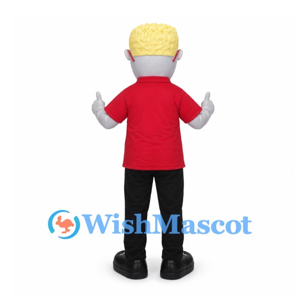 Elf Mascot Costume with Blond Hair and Red Shirt