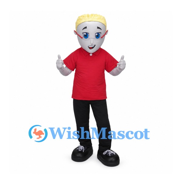 Elf Mascot Costume with Blond Hair and Red Shirt