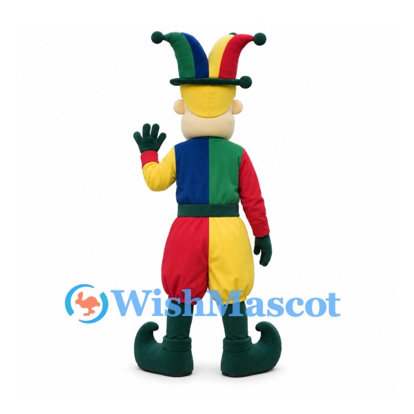 Jester Mascot Costume with Multicolor Hat and Patchwork Outfit