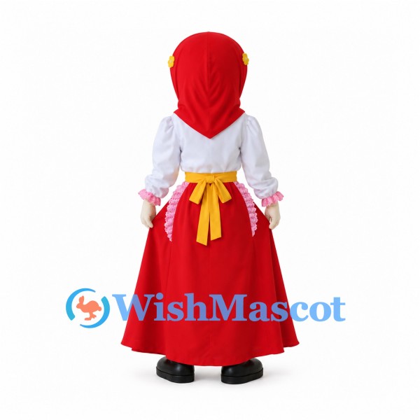 Folk Dancer Mascot Costume with Red Skirt and Yellow Apron