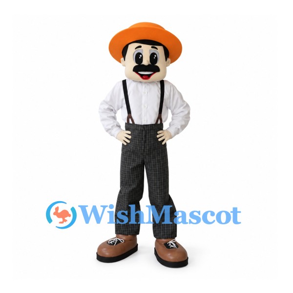 Farmer Mascot Costume with Orange Hat and Black Suspenders
