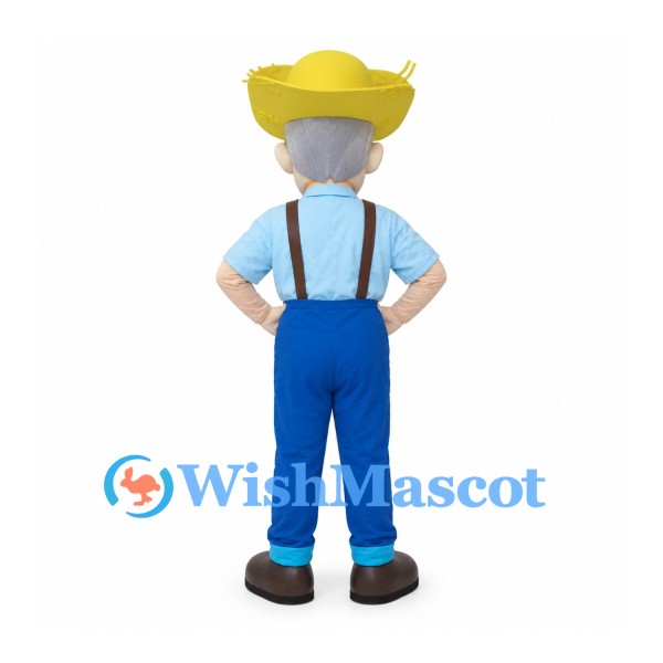 Farmer Mascot Costume with Yellow Hat and Blue Overalls