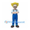 Farmer Mascot Costume with Yellow Hat and Blue Overalls