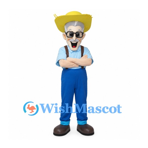 Farmer Mascot Costume with Yellow Hat and Blue Overalls