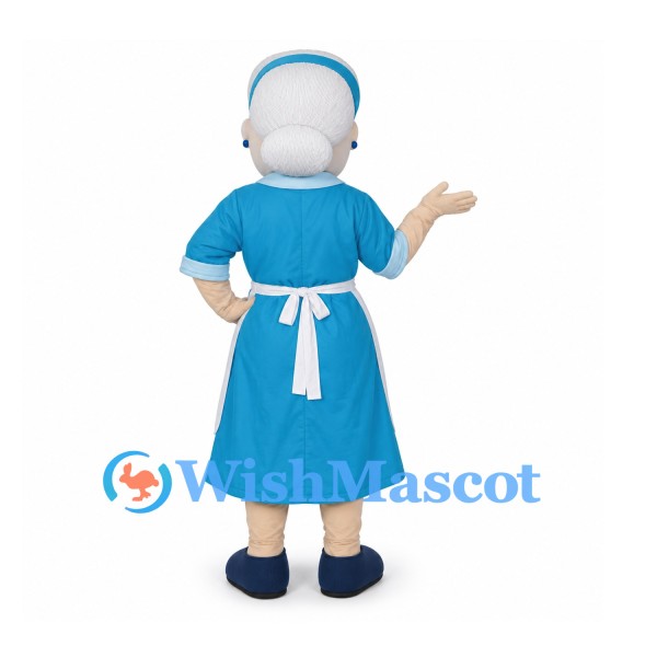Grandmother Mascot Costume with Blue Dress and White Apron