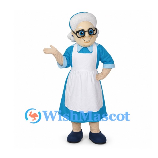 Grandmother Mascot Costume with Blue Dress and White Apron