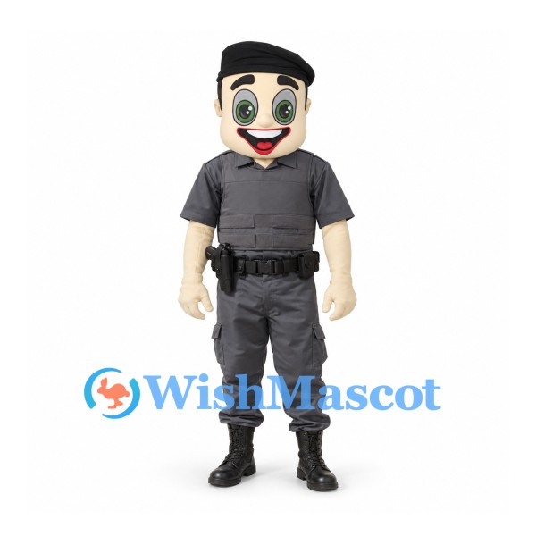 Security Guard Mascot Costume with Gray Uniform and Black Beret