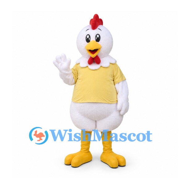 Chicken Mascot Costume in White with Yellow Shirt