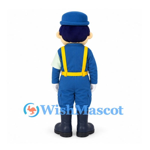 Firefighter Mascot Costume with Blue Uniform and Yellow Suspenders