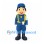Firefighter Mascot Costume with Blue Uniform and Yellow Suspenders